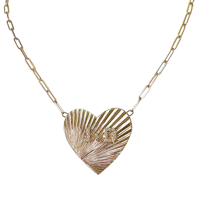 18" paperclip chain, 14k yellow gold Love Necklace. Fluted heart pendant with raised 'J+D', or custom order with your choice of personalized initials
