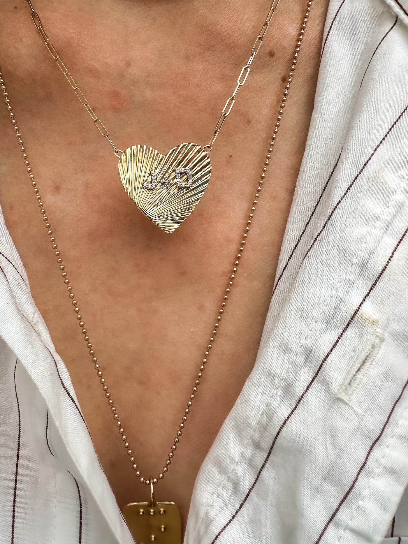 18" paperclip chain, 14k yellow gold Love Necklace. Fluted heart pendant with raised 'J+D', or custom order with your choice of personalized initials