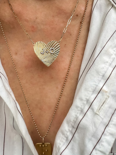 18" paperclip chain, 14k yellow gold Love Necklace. Fluted heart pendant with raised 'J+D', or custom order with your choice of personalized initials