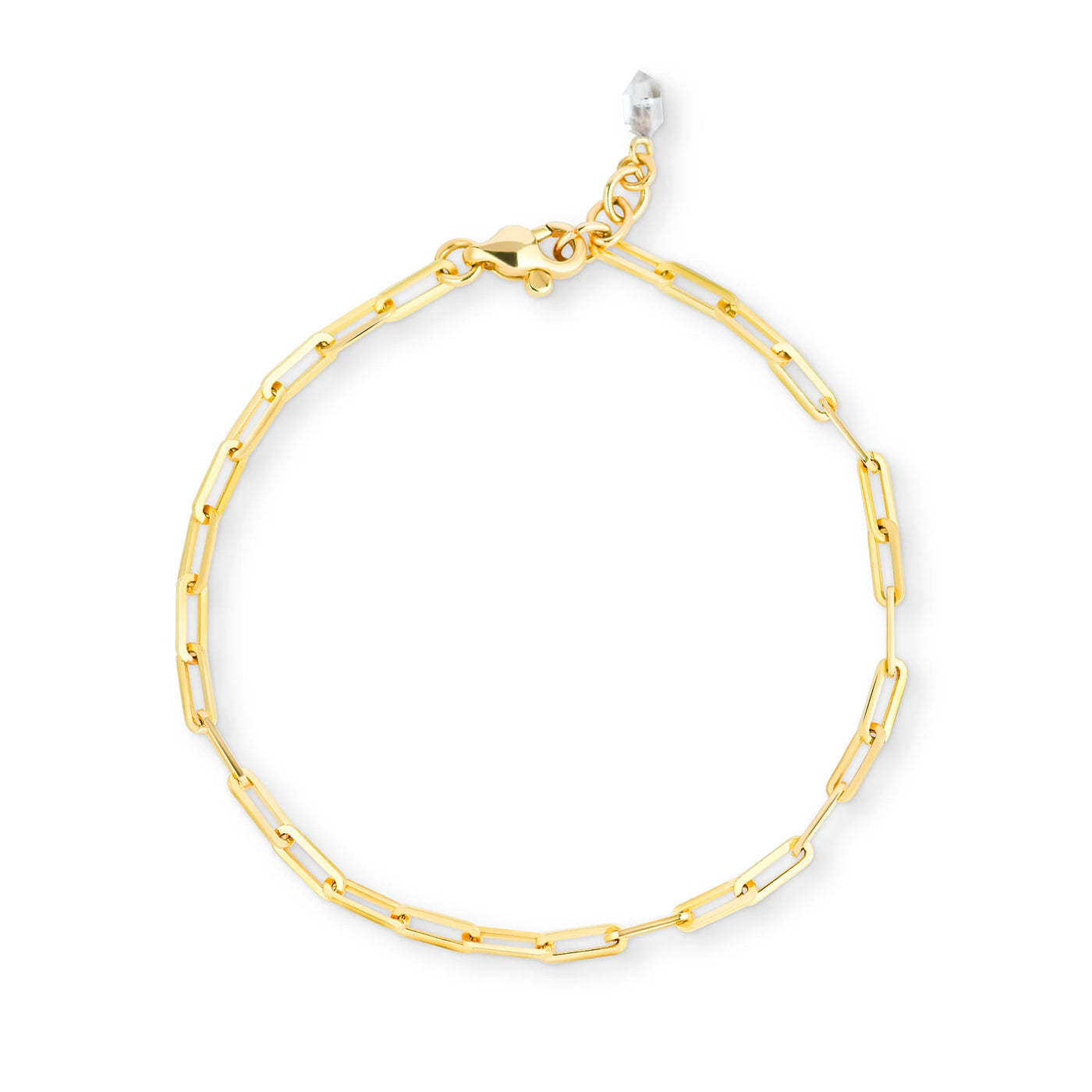 14k yellow gold paperclip chain bracelet long open link adjustabel with crystal accent