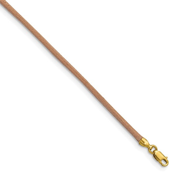 14k gold lobster clasp on a 2mm light brown leather cord chain