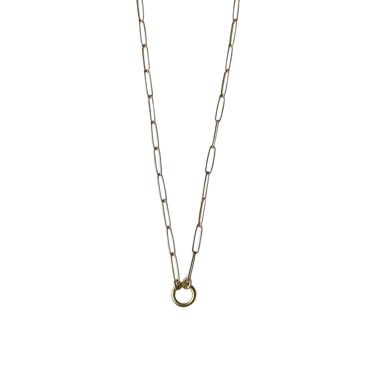 3.8mm elongated link 14k yellow gold paperclip chain with a round hinged clasp for charms