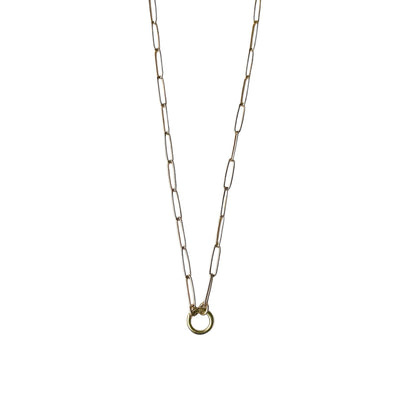 3.8mm elongated link 14k yellow gold paperclip chain with a round hinged clasp for charms