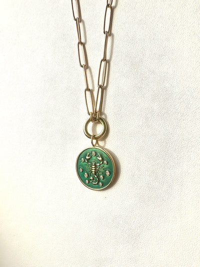 3.8mm elongated link 14k yellow gold paperclip chain with a round hinged clasp for charms, with Kate Collins scorpion charm 