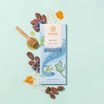 Hand crafted dark chocolate bars infused with the best natural ingredients. Free of dairy, artificial flavoring, refined sugar, soy, lecithin, sugar alcohols, gluten and anything artificial. Flavor: Sea Salt