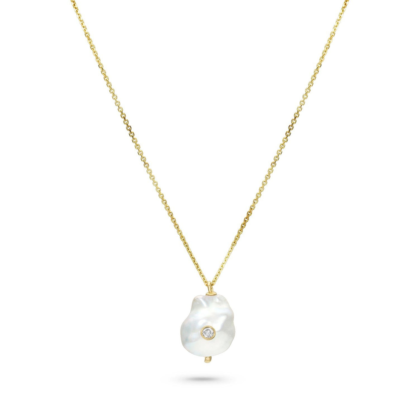 White Space 14k yellow gold necklace with a baroque pearl pendant with a white diamond