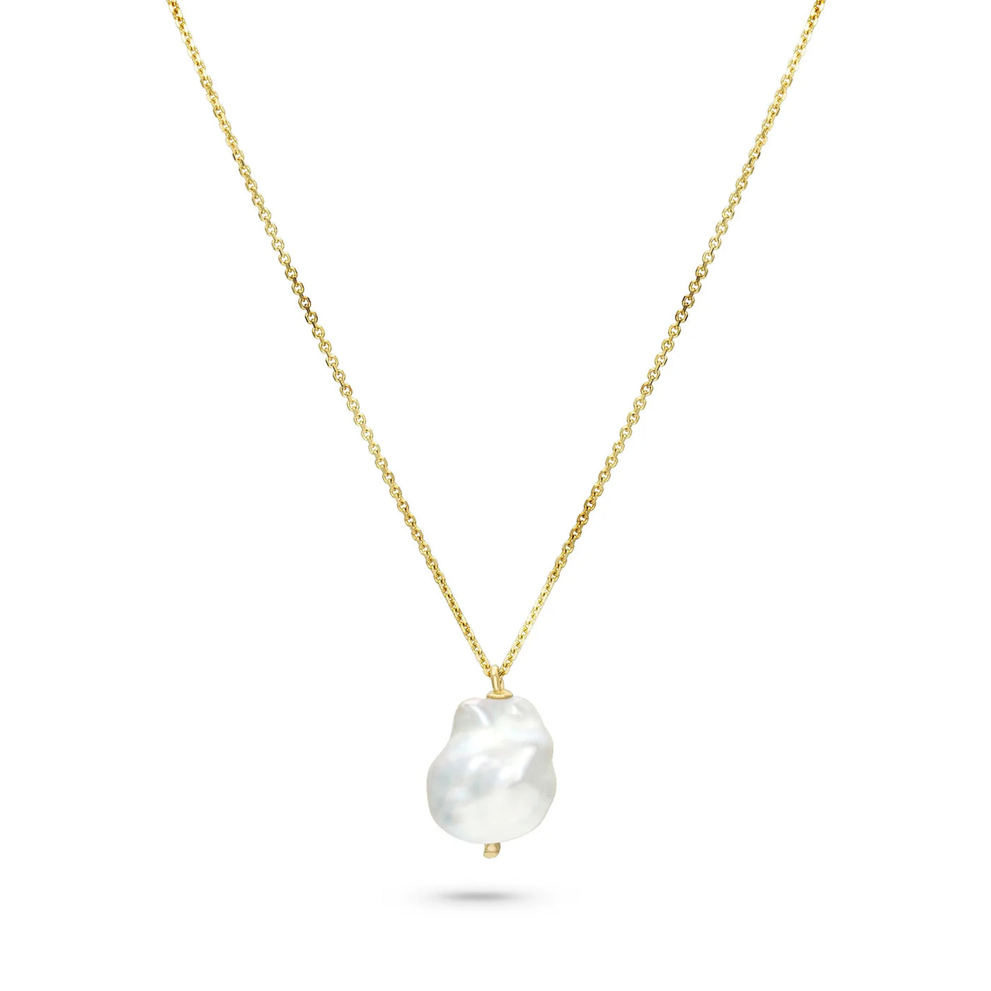 White Space 14k yellow gold necklace with a baroque pearl pendant with a white diamond