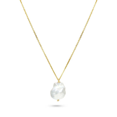 White Space 14k yellow gold necklace with a baroque pearl pendant with a white diamond