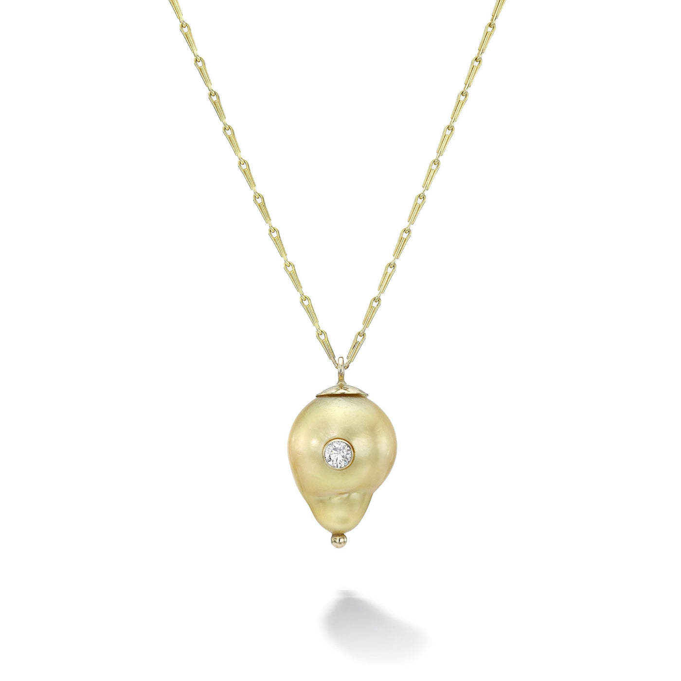 White Space 14k yellow gold Kenna golden South Sea Baroque Pearl pendant necklace with white diamond. 