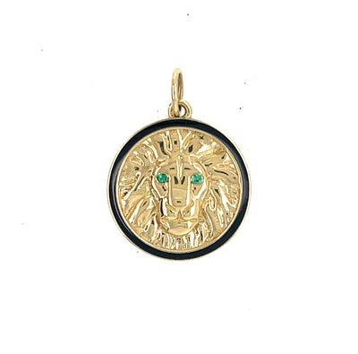 14k yellow gold charm black enamel emeralds pendant lion courage