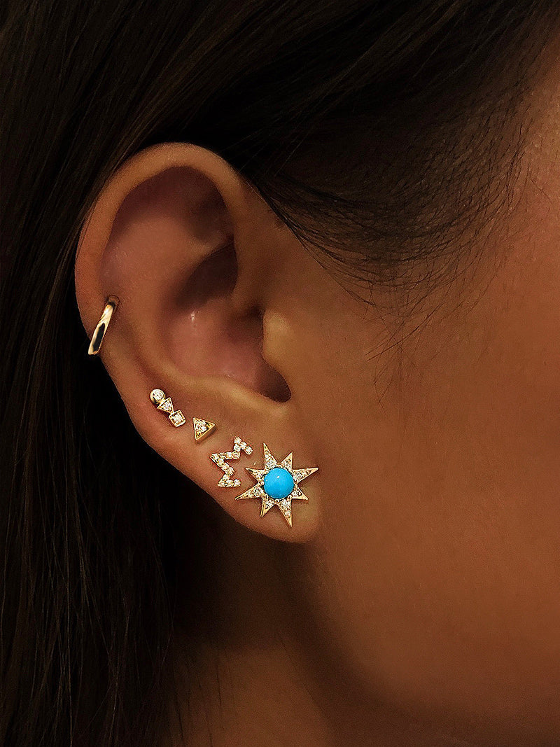 gold post diamond earring triangle setting micro stud Art-Deco single Anzie turquoise star burst stacking