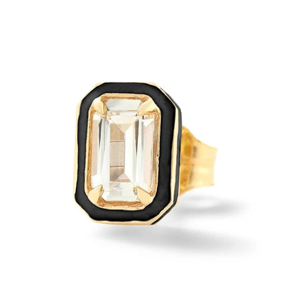 Alison Lou 14k yellow gold stud earring with rectangle white topaz and your choice enamel colored border