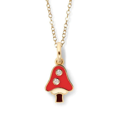 Alison Lou 14k yellow gold chain necklace with cream and walnut base and red enameled mushroom pendant 
