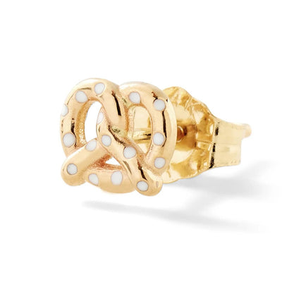 Alison Lou 14k yellow gold pretzel stud earring with white enamel spots