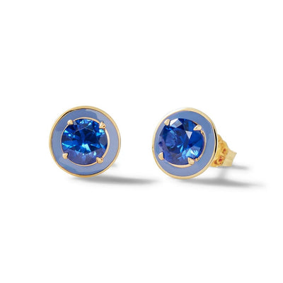 Alison Lou 14k yellow gold studs with your choice of round-shaped lab-created blue sapphire and matching colored enamel.