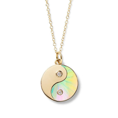 Alison Lou 14k yellow gold chain necklace hand painted tie dye enamel yin yang with white diamonds 