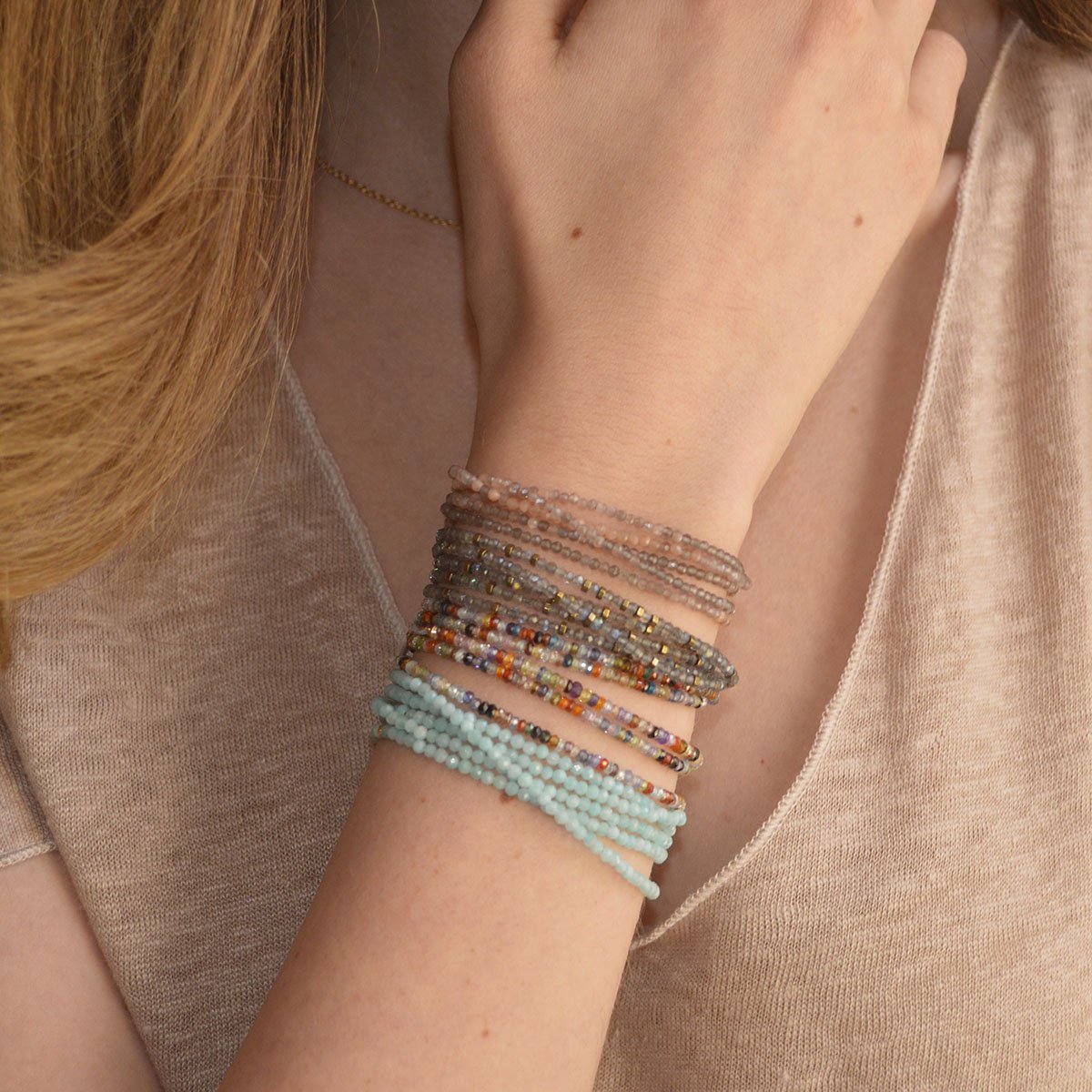 Anne Sportun 18k yellow gold wrap bracelet/necklace with gemstones and pyrite beads. Comes in your choice of many gemstone options