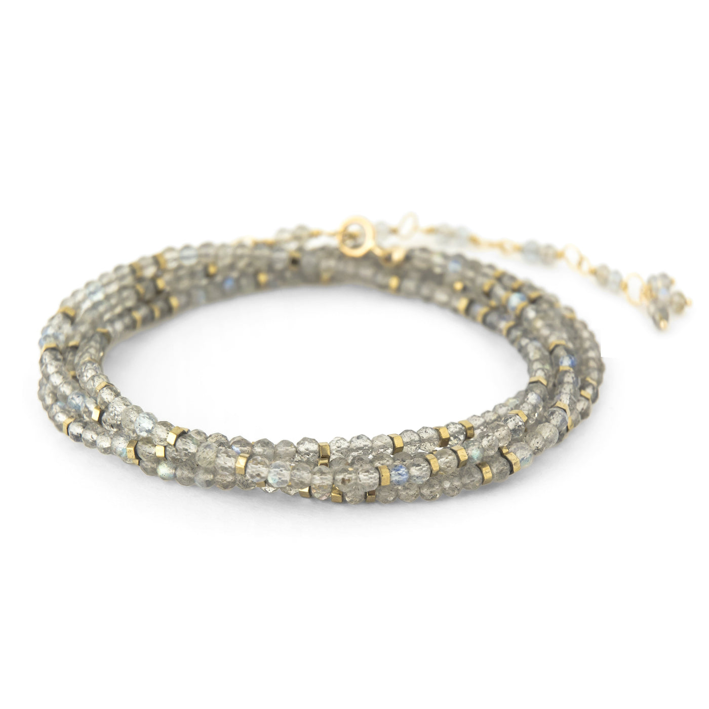 Anne Sportun 18k yellow gold wrap bracelet/necklace with labradorite gemstones and pyrite beads. Comes in your choice of many gemstone options