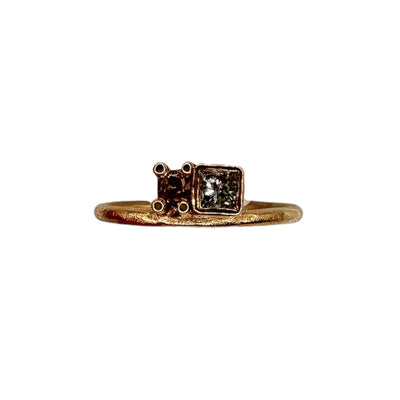 Airgood Jewelry prong set oval fancy cut brown diamond + bezel set 3x3 princess cut diamond. Handmade with 18k yellow gold, in Cleveland, Ohio 