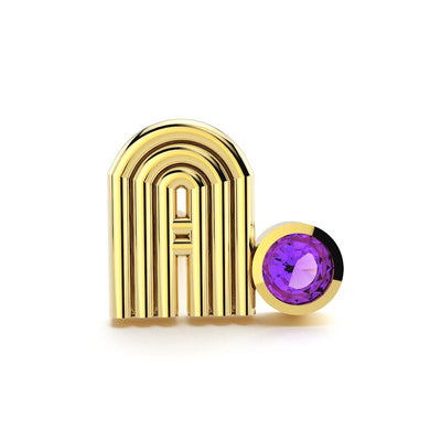 Alexa Sidaris 14k yellow gold initial A stud with an amethyst February birthstone
