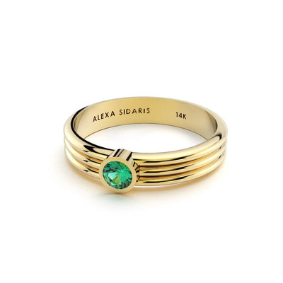 Alexa Sidaris 14k yellow gold 3 ring band with a bezel set emerald birthstone - May