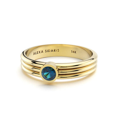 Alexa Sidaris 14k yellow gold 3 ring band with a bezel set blue sapphire birthstone - September
