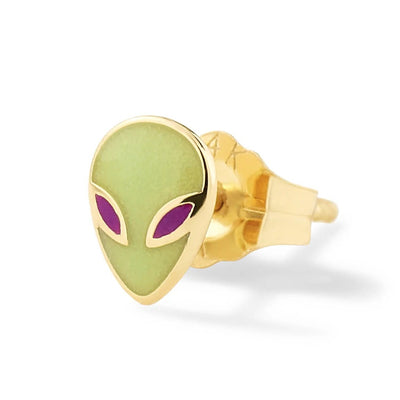 14k yellow gold enamel alien glow dark stud earring