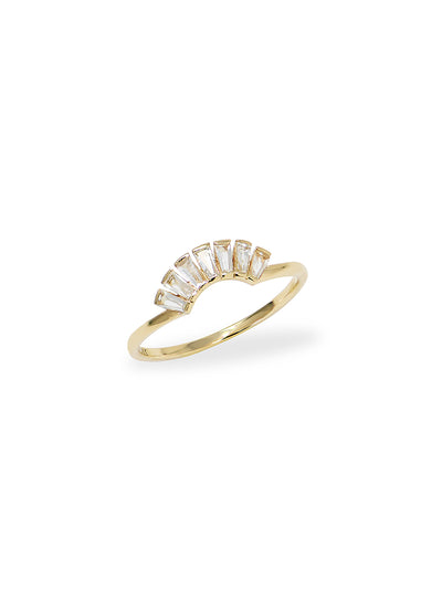 Anzie 14k yellow gold ring with an art deco inspired clear topaz baguette.
