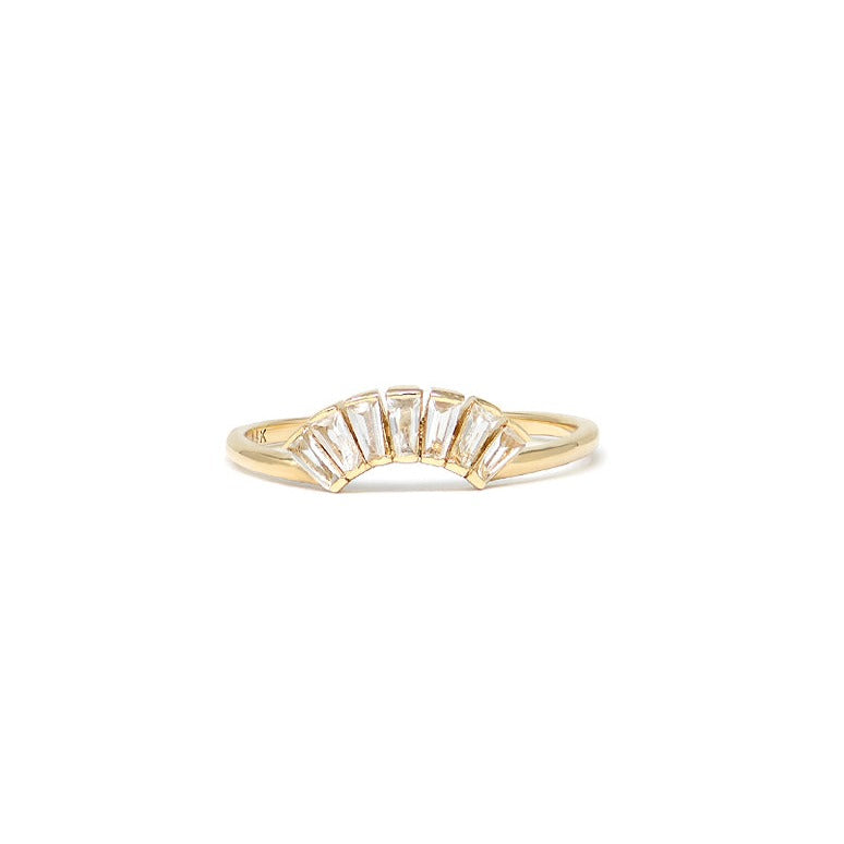 Anzie 14k yellow gold ring with an art deco inspired clear topaz baguette.