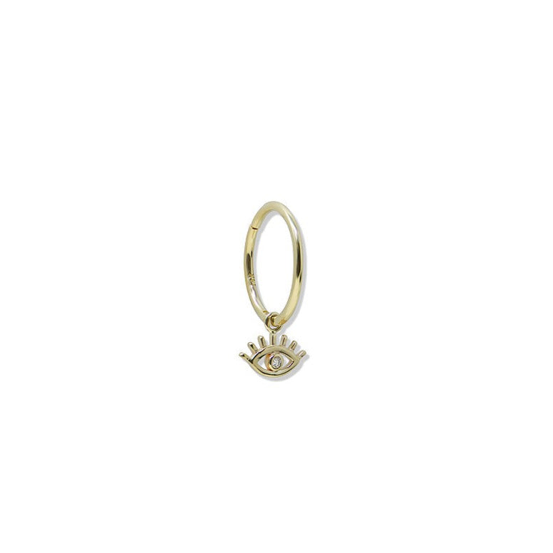 Anzie Mel Soldera evil eye charm set with diamonds suspended from a 14k yellow gold 8mm clicker hoop