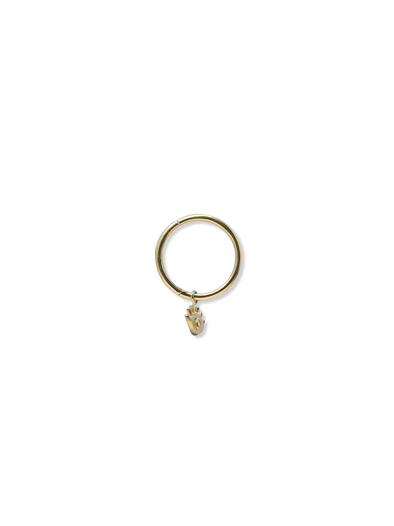 Anzie Mel Soldera evil eye charm set with diamonds suspended from a 14k yellow gold 8mm clicker hoop