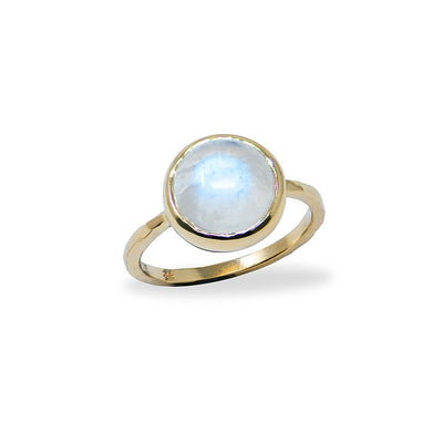 Anzie vibrant cabochon moonstone is bezel set in a  14k yellow gold hammered band