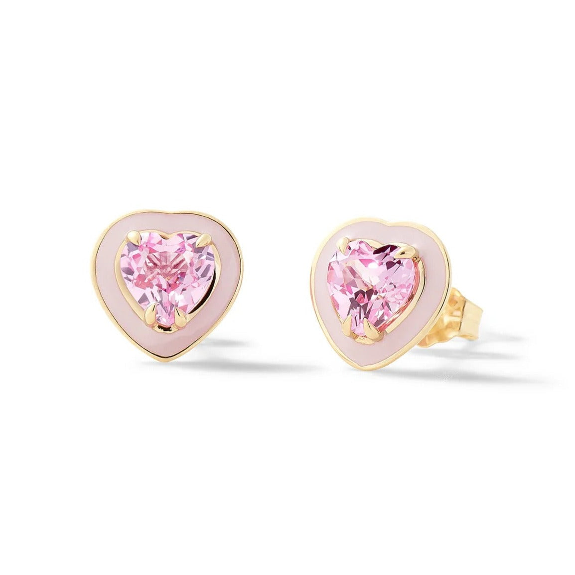 14k yellow gold stud earring enamel heart pink sapphire