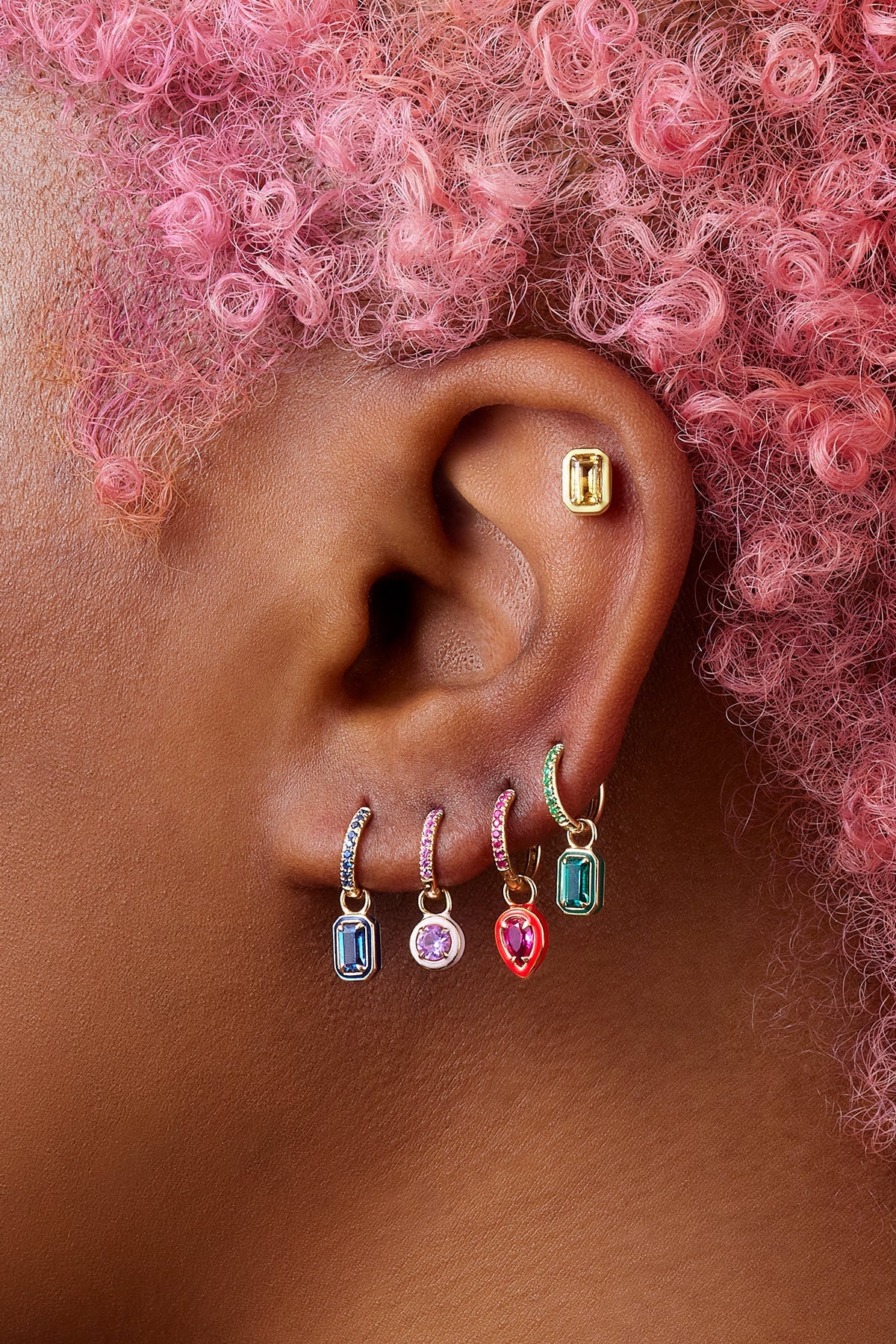 14k yellow gold ruby huggies hoop earrings