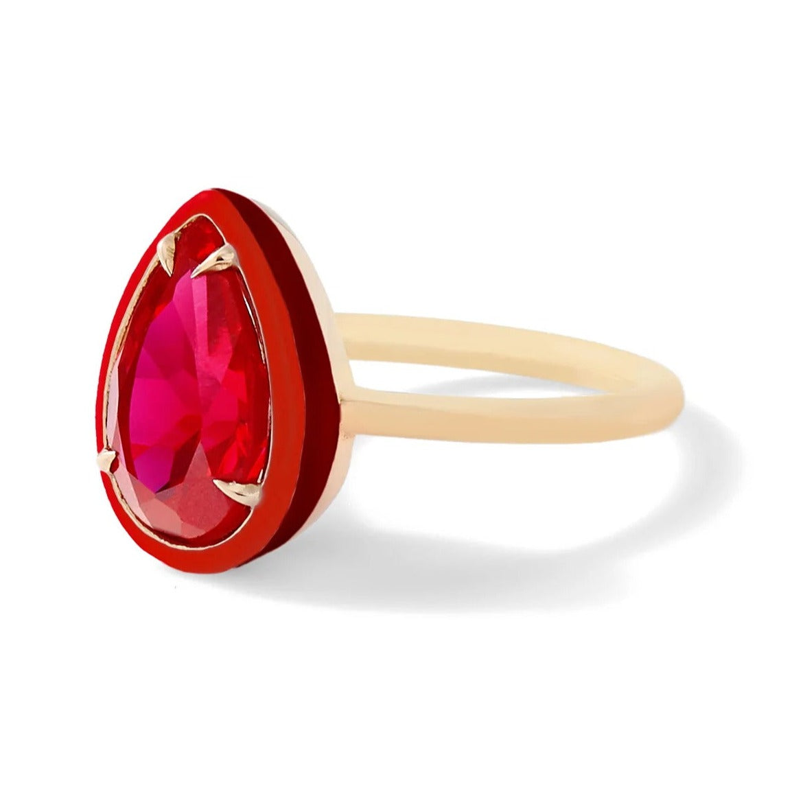 14k yellow gold ring enamel red pear ruby