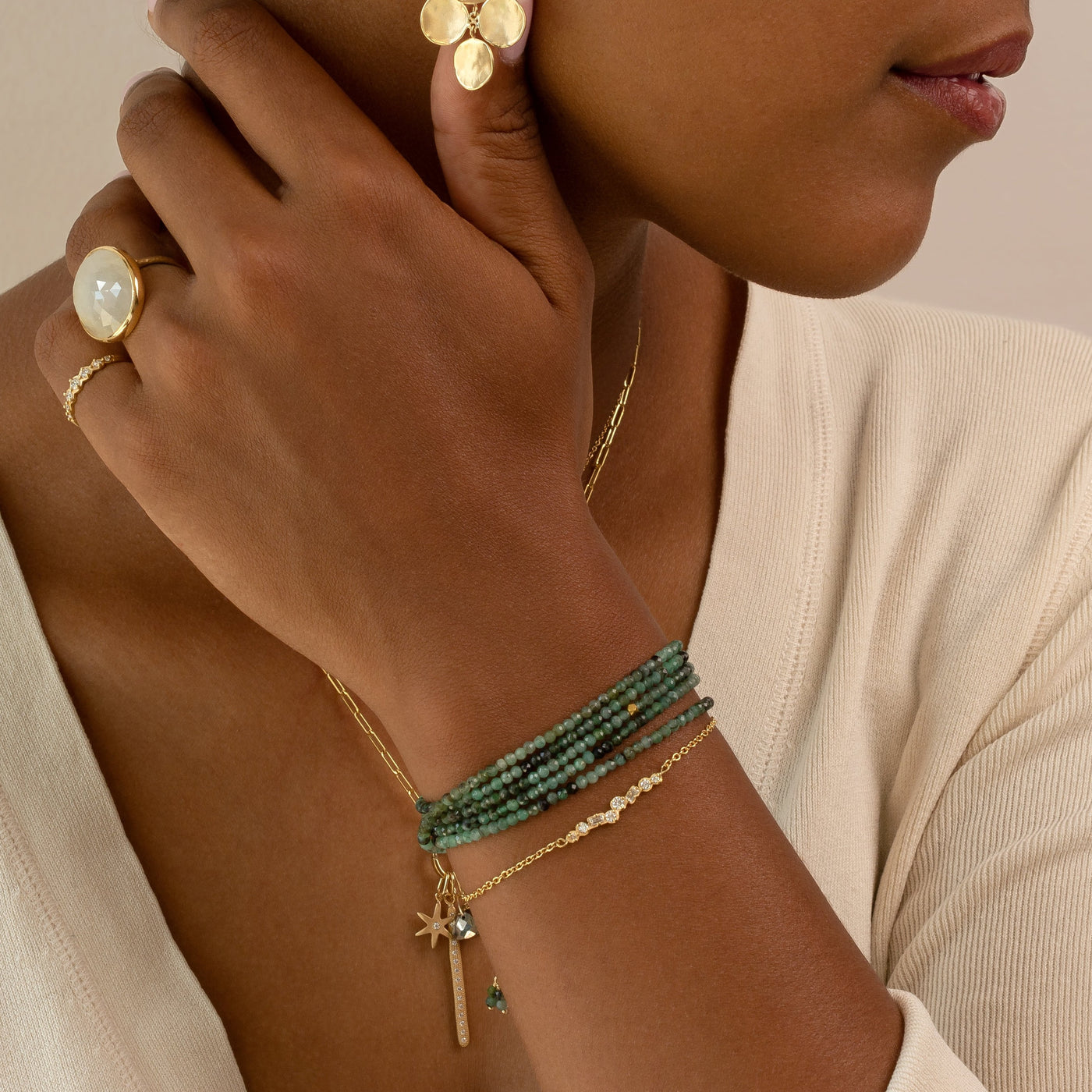 sakoda emerald 18k yellow gold wrap necklace bracelet stones beads