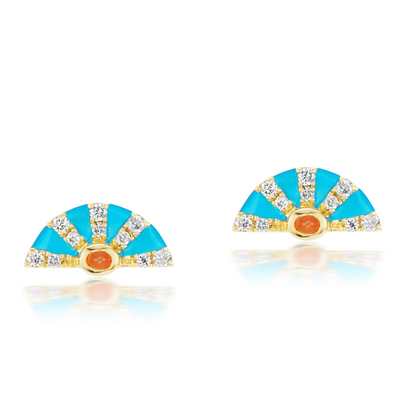 18k yellow gold diamond fire opal enamel stud earrings