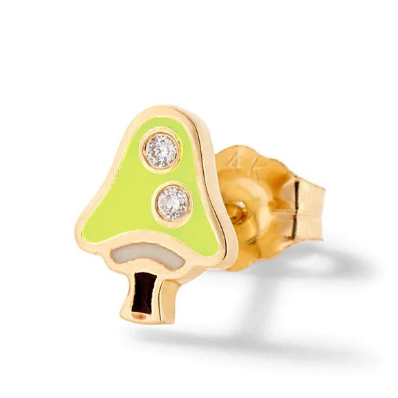 14k yellow gold stud earring enamel diamond mushroom