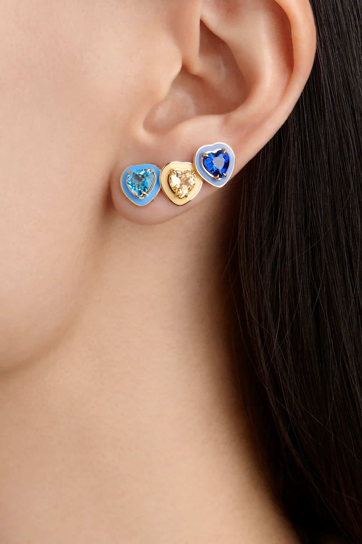 14k yellow gold stud earring enamel heart pink sapphire Alison Lou