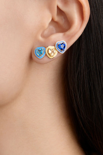 14k yellow gold stud earring enamel heart pink sapphire