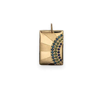 Julez Bryant 14k gold CALS rectangular pendant with full cut round green diamonds and blue sapphires. 
