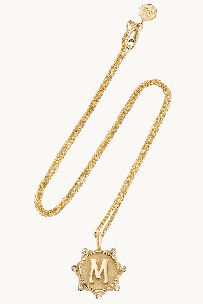 14k yellow gold coin medallion initial necklace diamonds