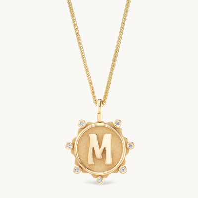 14k yellow gold coin medallion initial necklace diamonds