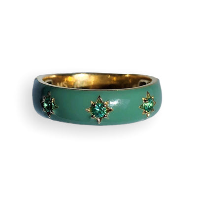 My Story 14k yellow gold enamel ring with 3 round emerald birthstones (May)