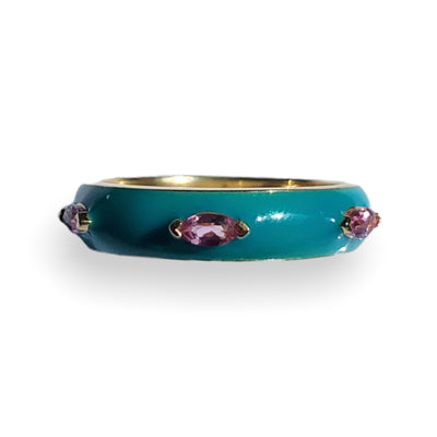 My Story 14k yellow gold ring with three marquise pink tourmaline (October) birthstones 
