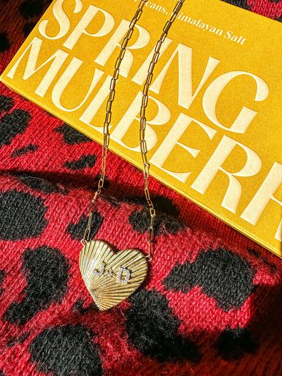 18" paperclip chain, 14k yellow gold Love Necklace. Fluted heart pendant with raised 'J+D', or custom order with your choice of personalized initials