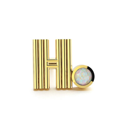 14k yellow gold initial stud earring H opal october birthstone