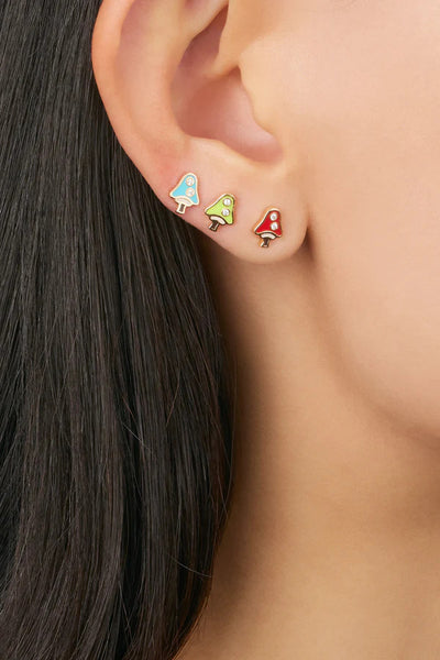 14k yellow gold stud earring enamel diamond mushroom