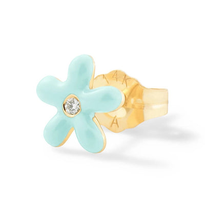 14k yellow gold stud earring enamel flower diamond