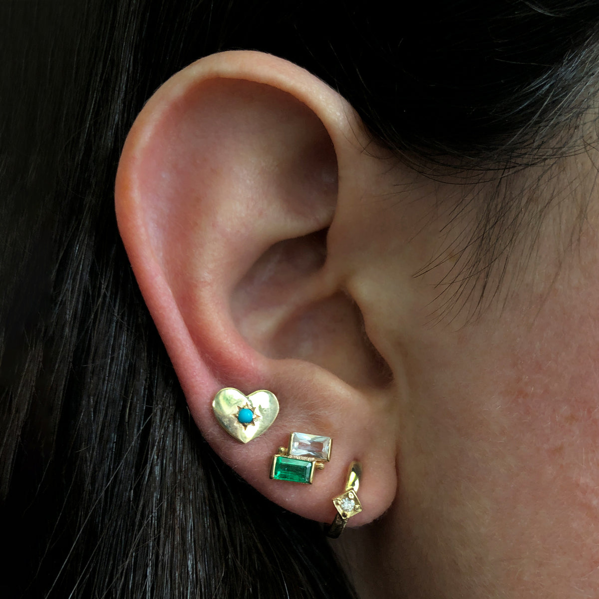 gold posts emerald diamond gemstones earrings Dew Drop accents colorful Anzie heart turquoise stack
